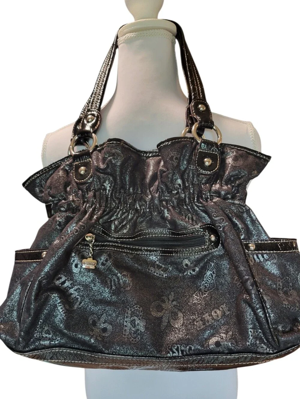 Y2K Kathy Van Zeeland Metallic Black Bling Shoulder Bag Satchel Purse